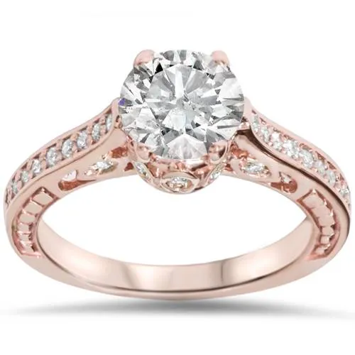 Vintage Rose Gold Diamond Engagement Ring 1 1/4ct Enhanced Deco 14K Gold with 1ct Center