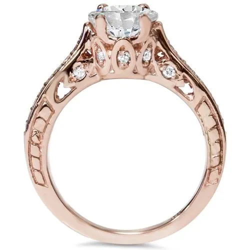 Vintage Rose Gold Diamond Engagement Ring 1 1/4ct Enhanced Deco 14K Gold with 1ct Center