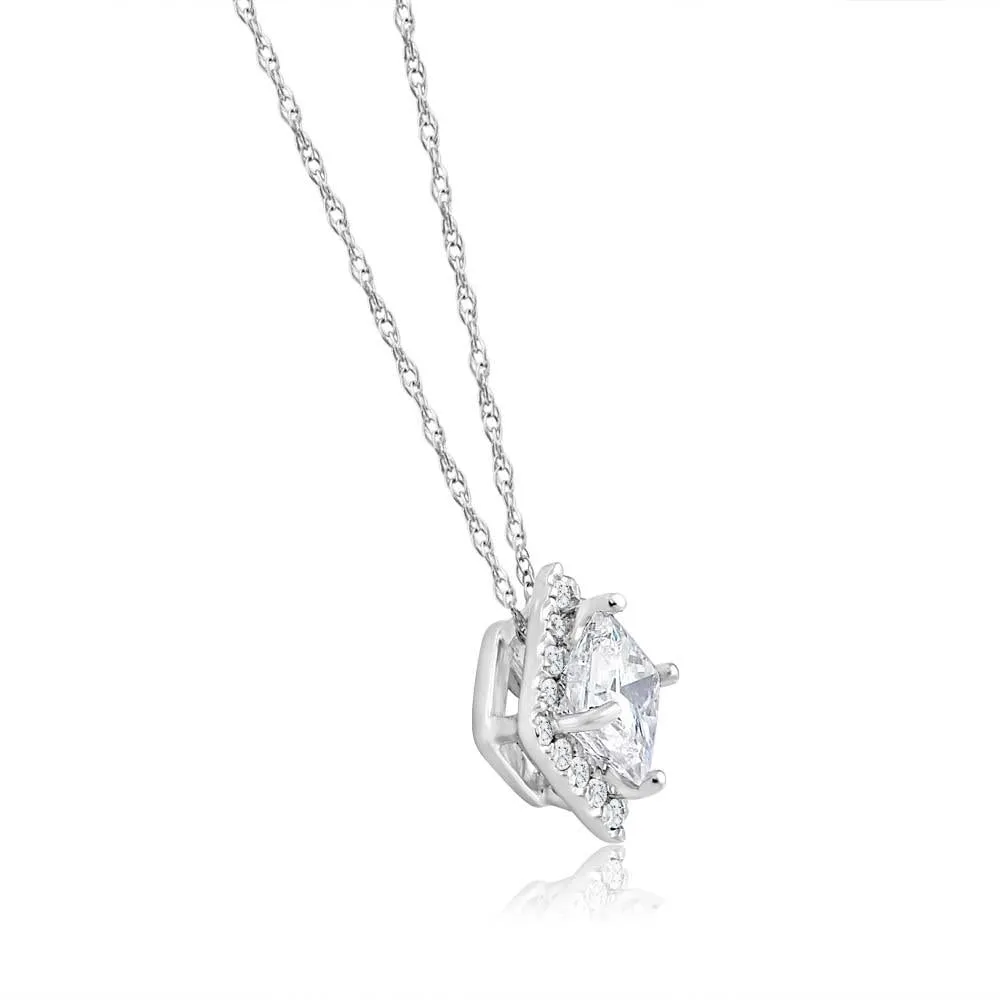 Enhanced Diamond Halo Pendant Necklace with 1.2 Carat Princess Cut Diamond