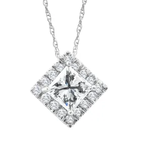 Enhanced Diamond Halo Pendant Necklace with 1.2 Carat Princess Cut Diamond