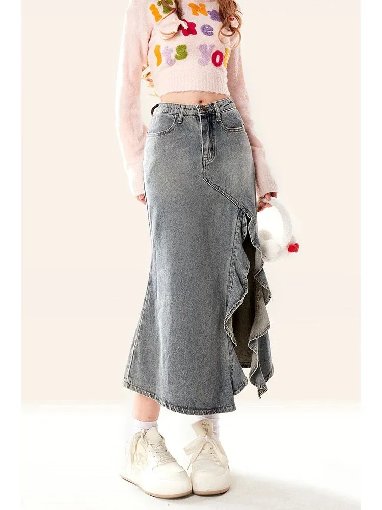 2024 early autumn new ruffled slit skirt for women, autumn style hot girl slimming a-line fishtail denim long skirt