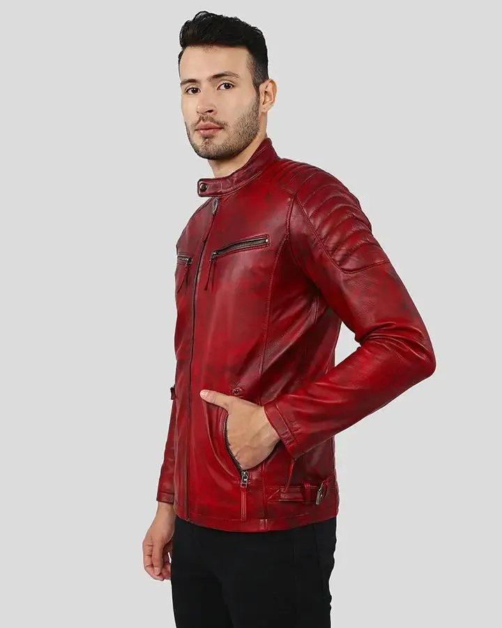 Asher Distressed Red Quilted Racer Leather Jacket