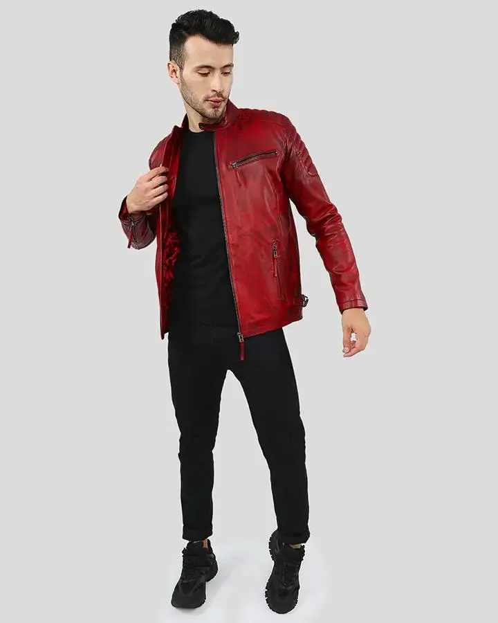 Asher Distressed Red Quilted Racer Leather Jacket