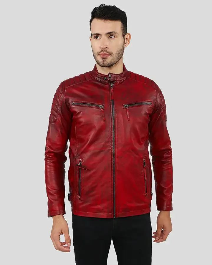 Asher Distressed Red Quilted Racer Leather Jacket