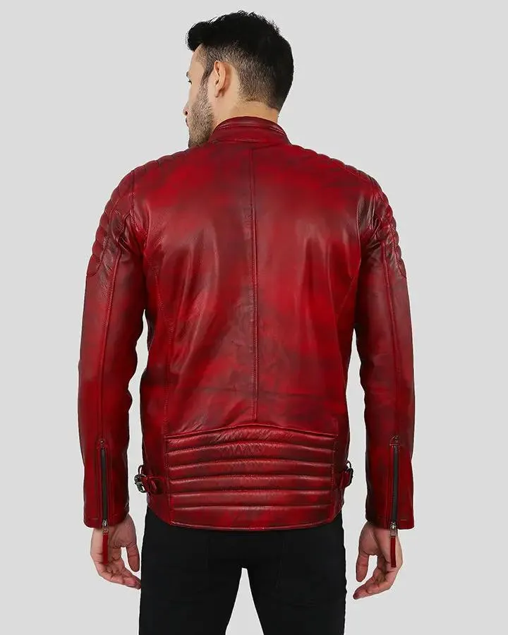 Asher Distressed Red Quilted Racer Leather Jacket