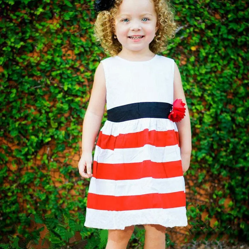 Baby Girls Flower Stripes Sleeveless Dress Toddler Kid One-piece High Waist DressesSM6