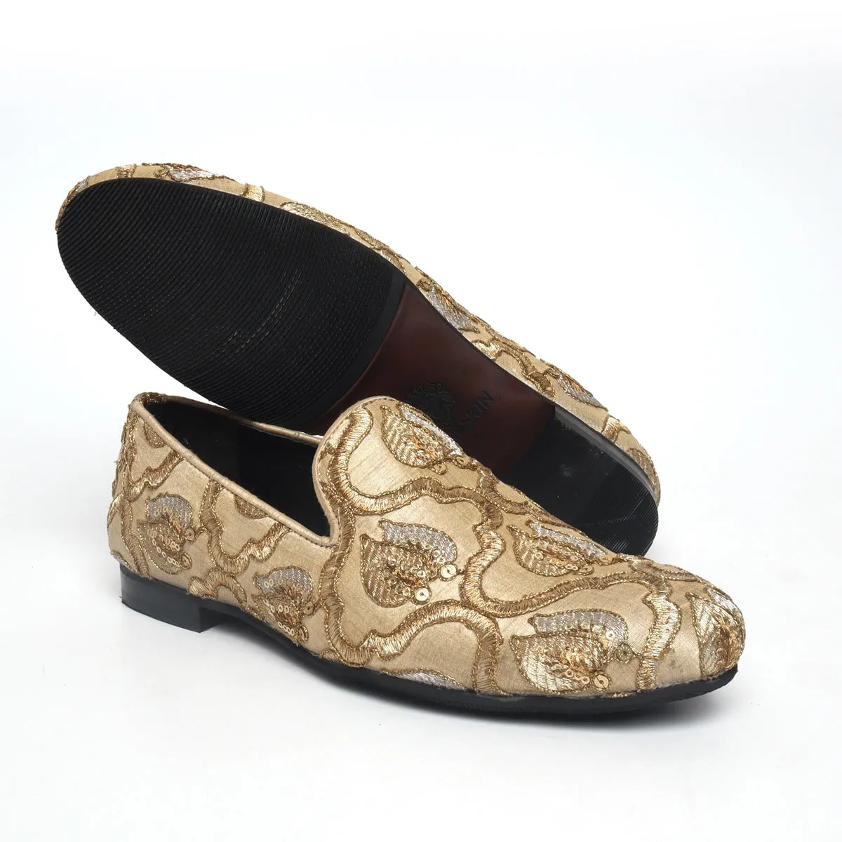 Beige Leaves Inspired Zardosi Slip-On Shoes