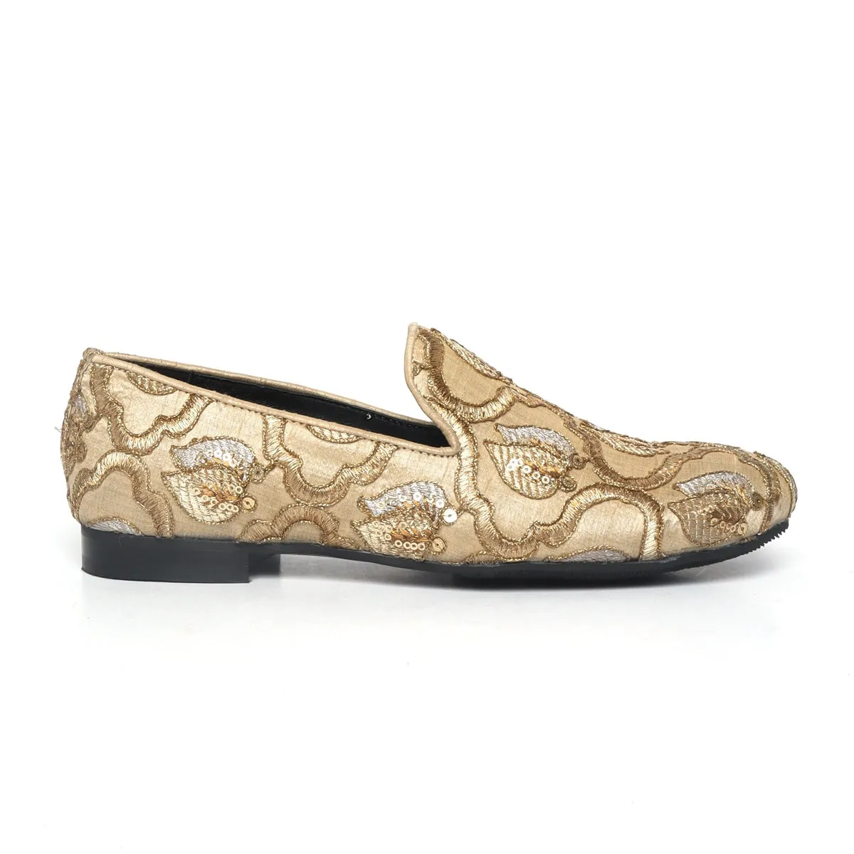 Beige Leaves Inspired Zardosi Slip-On Shoes