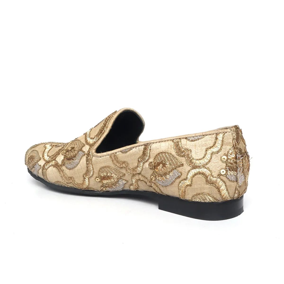 Beige Leaves Inspired Zardosi Slip-On Shoes