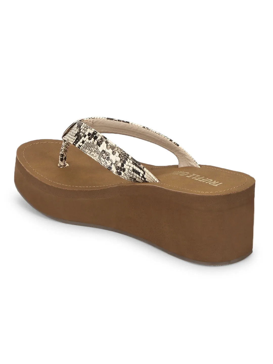 Beige PU Snake Pattern Slip On Wedges