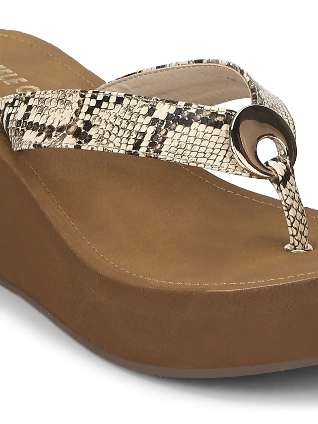 Beige PU Snake Pattern Slip On Wedges