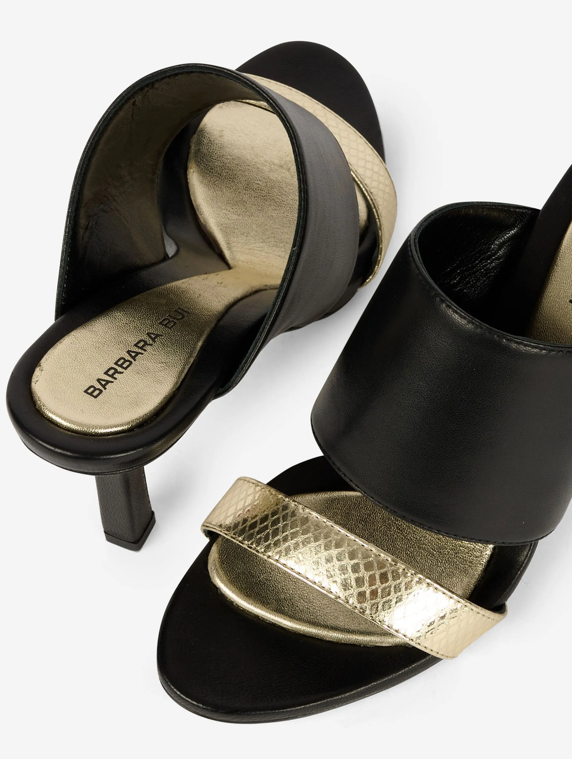 Black and gold leather heeled mules