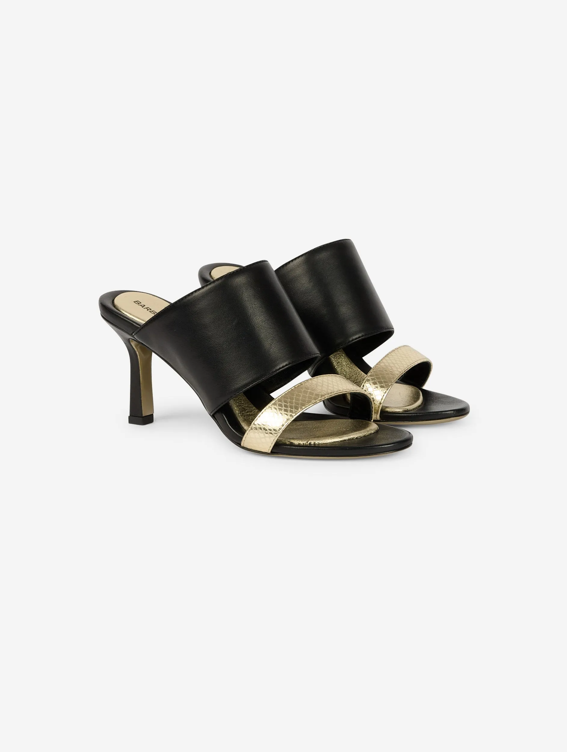 Black and gold leather heeled mules