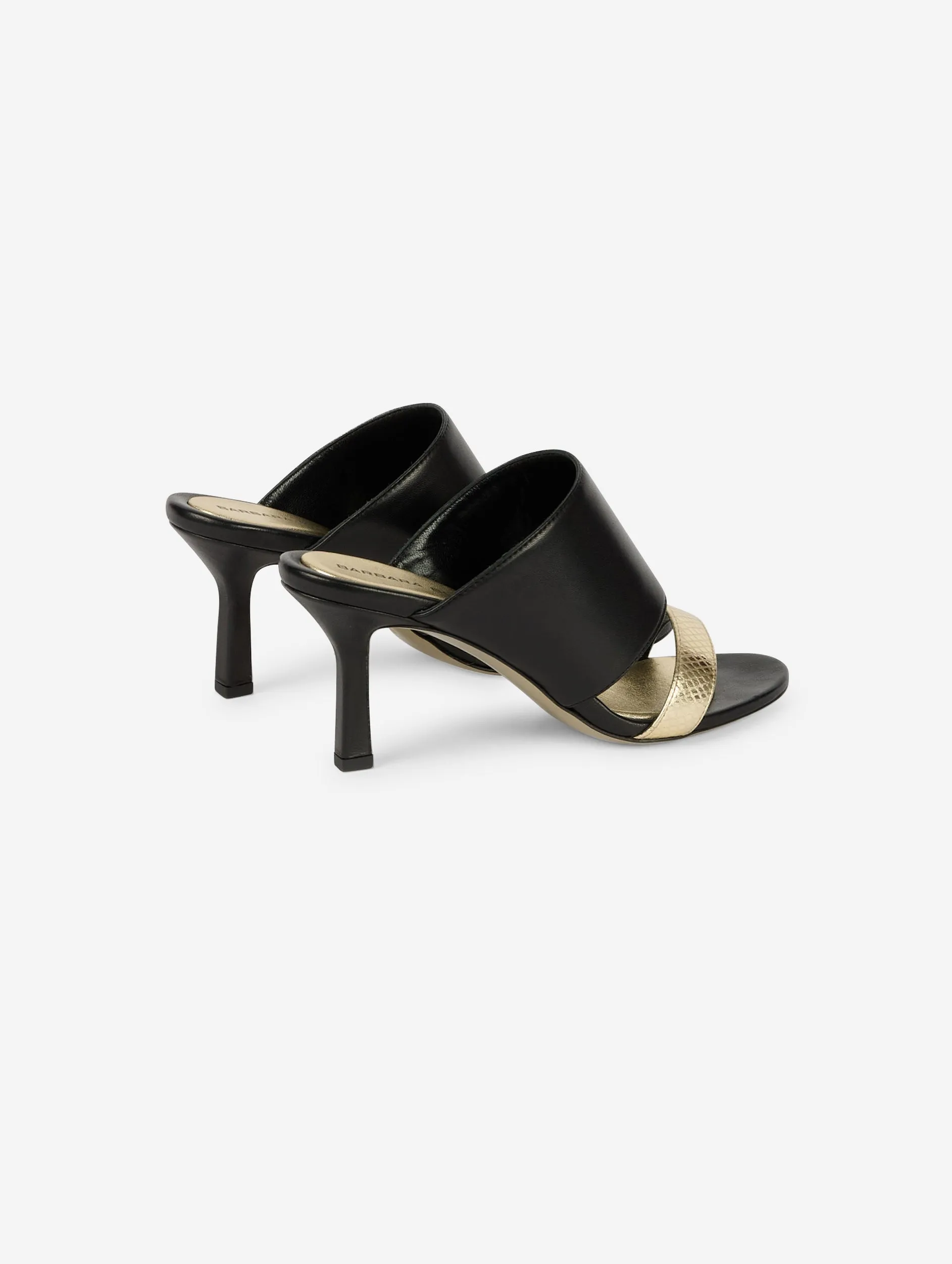 Black and gold leather heeled mules