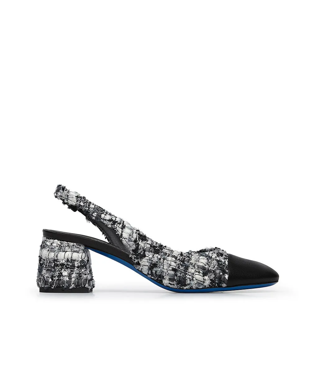 Black and White Tweed and Nappa Leather Slingback Pumps