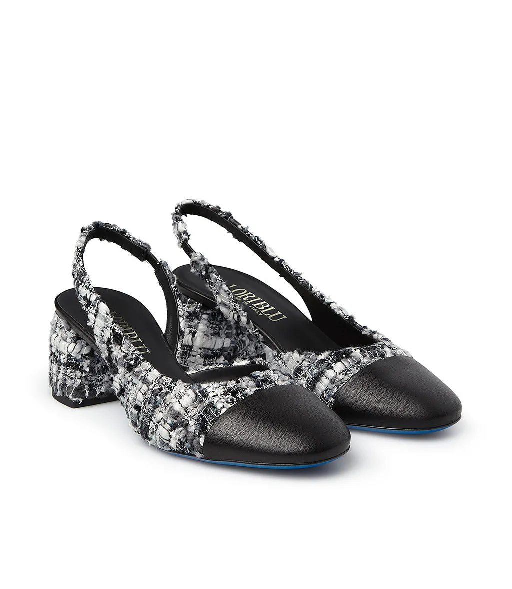 Black and White Tweed and Nappa Leather Slingback Pumps