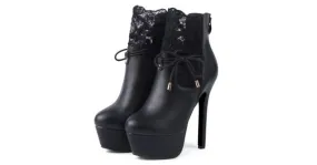 Black Ankle Lace Crochet High Heels Boots