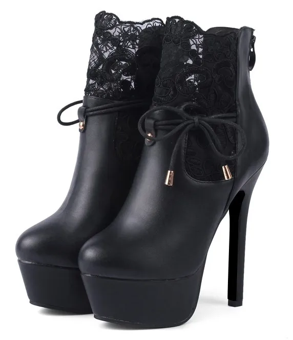 Black Ankle Lace Crochet High Heels Boots