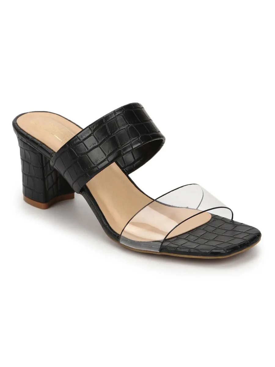 Black Croc PU Clear Strap Mules