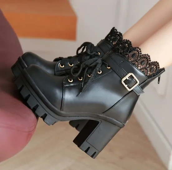 Black Crochet Ankle Lace Up High Heels Bootie