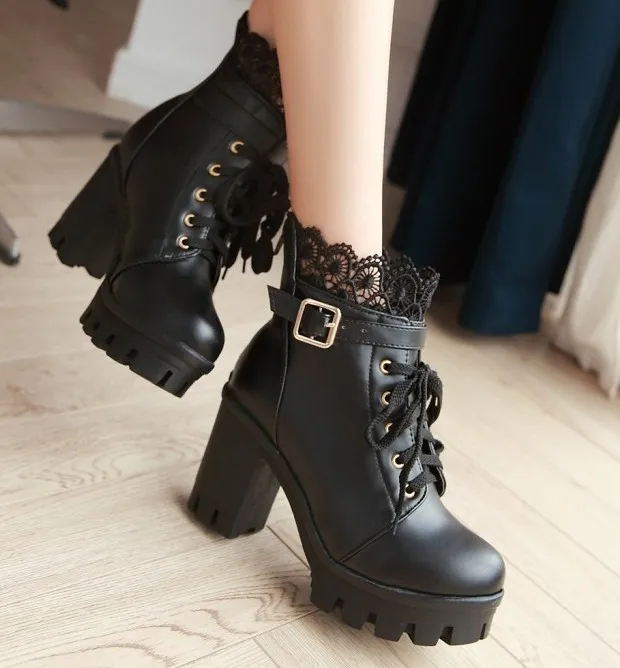 Black Crochet Ankle Lace Up High Heels Bootie