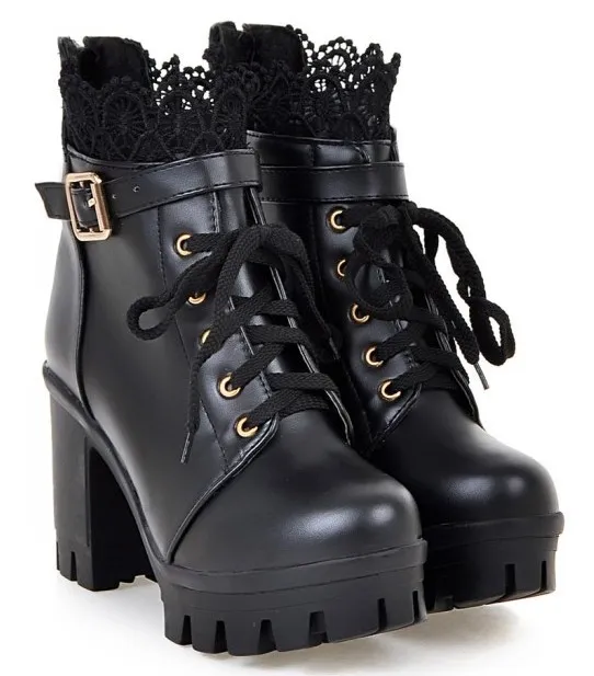 Black Crochet Ankle Lace Up High Heels Bootie