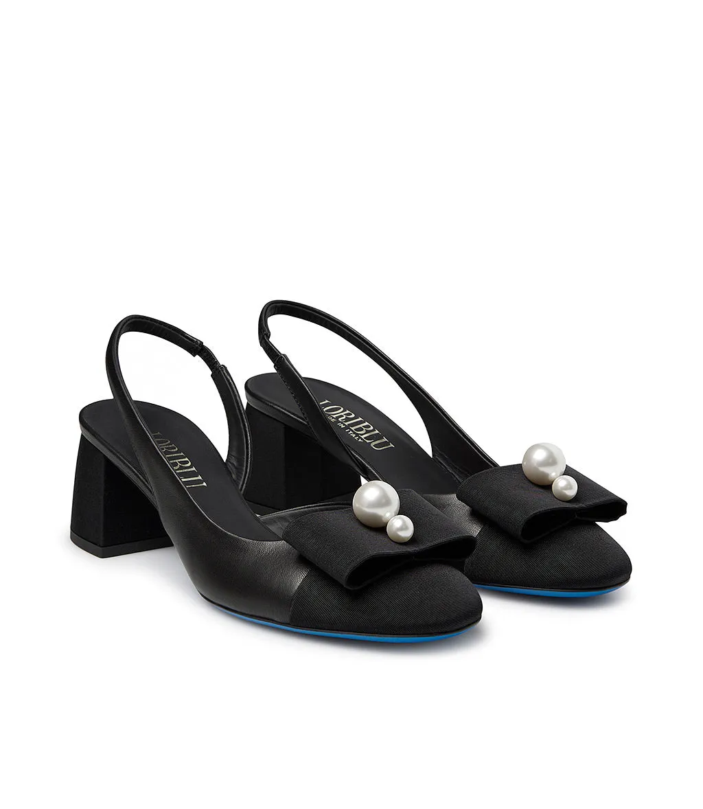 Black Fabric and Nappa Leather Slingback Pumps with Pearls