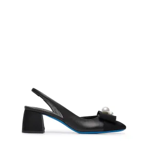 Black Fabric and Nappa Leather Slingback Pumps with Pearls