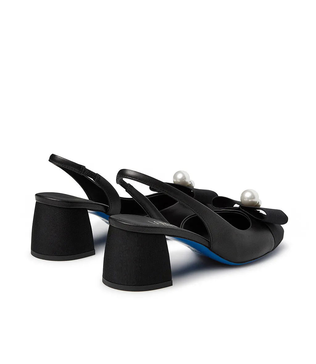 Black Fabric and Nappa Leather Slingback Pumps with Pearls