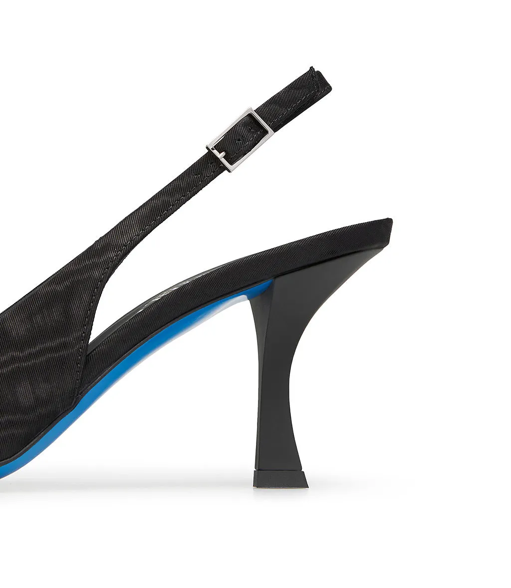 Black fabric slingback pumps