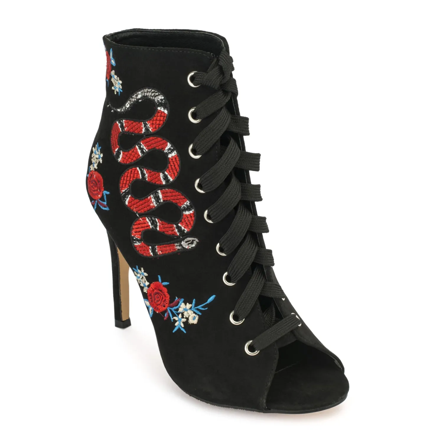 Black Lace Up Snake Embroidery Heels