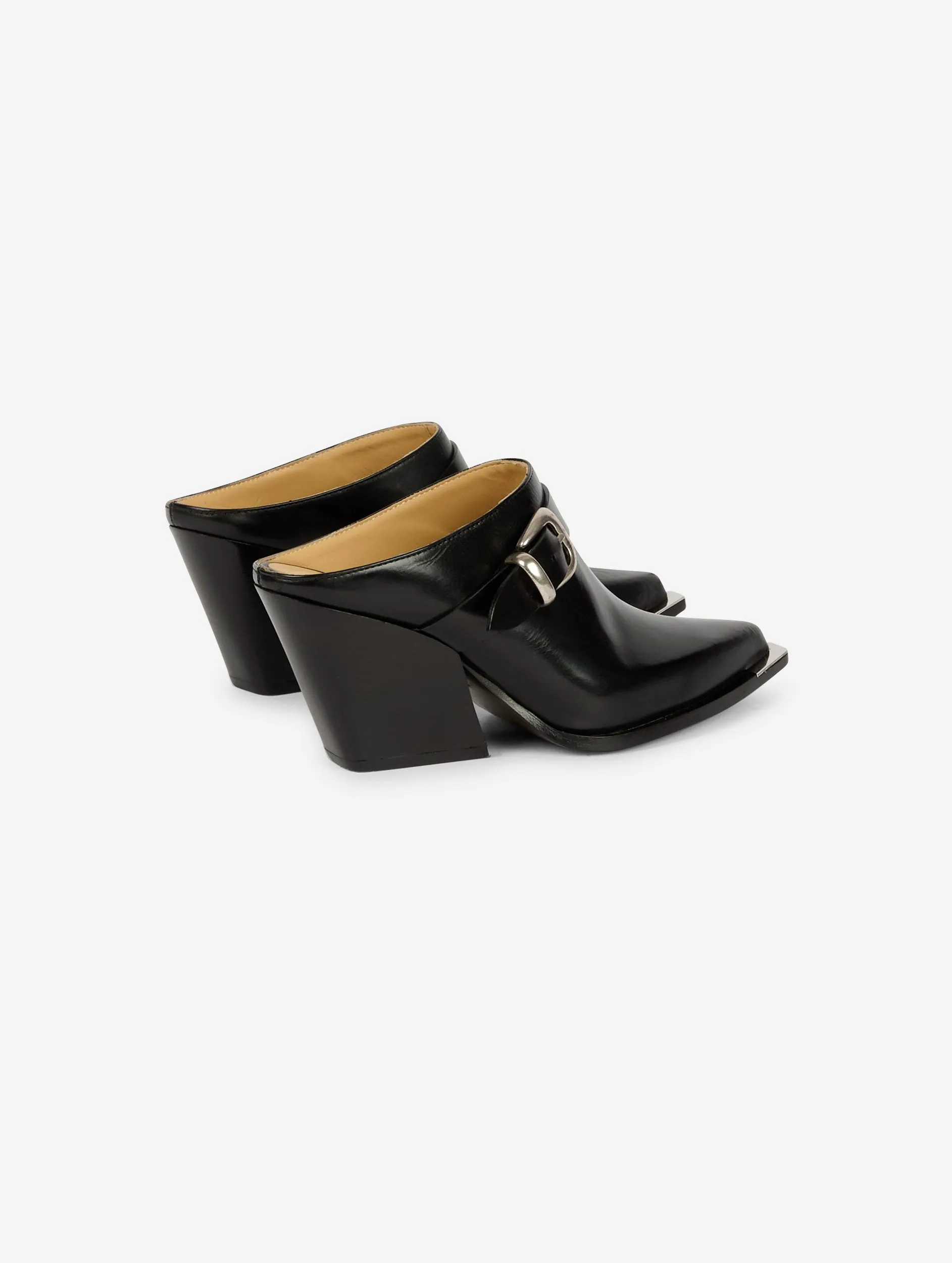 Black leather closed toe mules