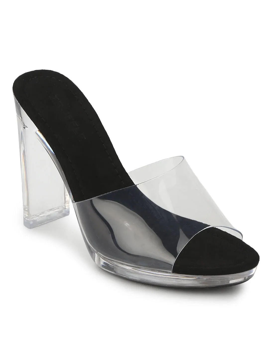 Black Micro Clear Block Heel Mules