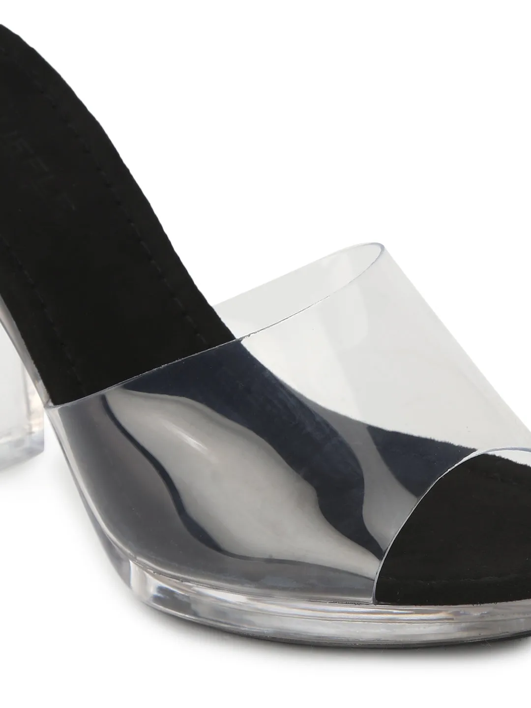 Black Micro Clear Block Heel Mules