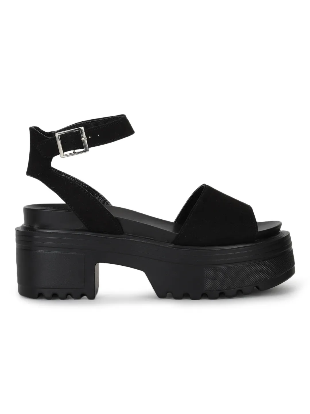 Black Micro Cleated Bottom Ankle Strap Platform Block Heels