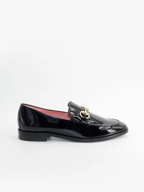 Black patent leather embellished Messina loafers.