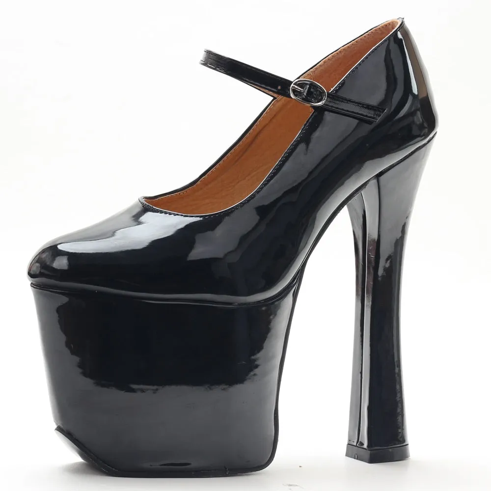 Black patent platform Mary Janes pumps with chunky heels.