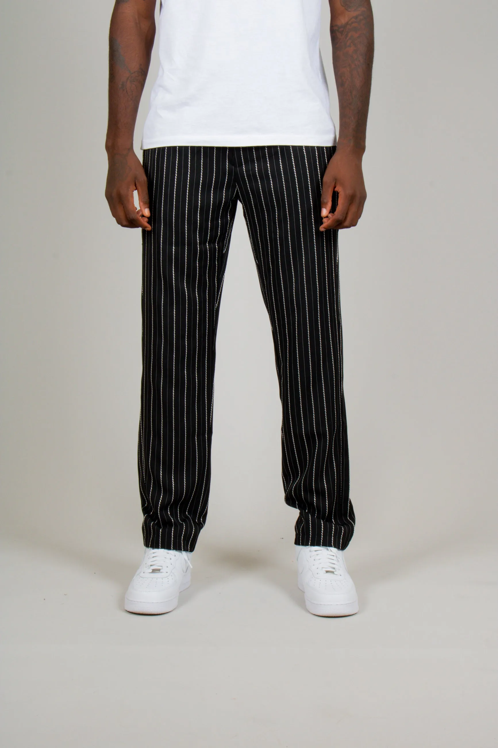 Black Pinstripe Straight Leg Trousers