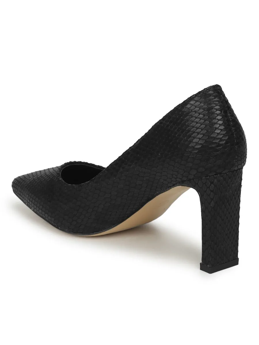 Black PU Snake Pattern Slim Block Heel Pumps