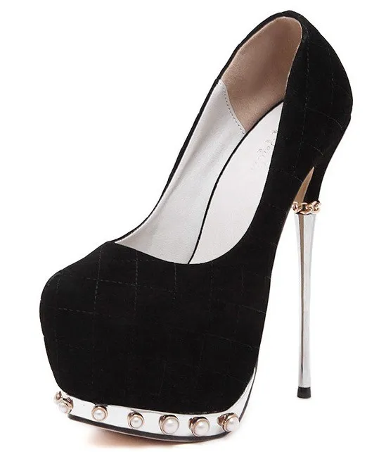 Stiletto High Heels Black Suede Pearl Platforms