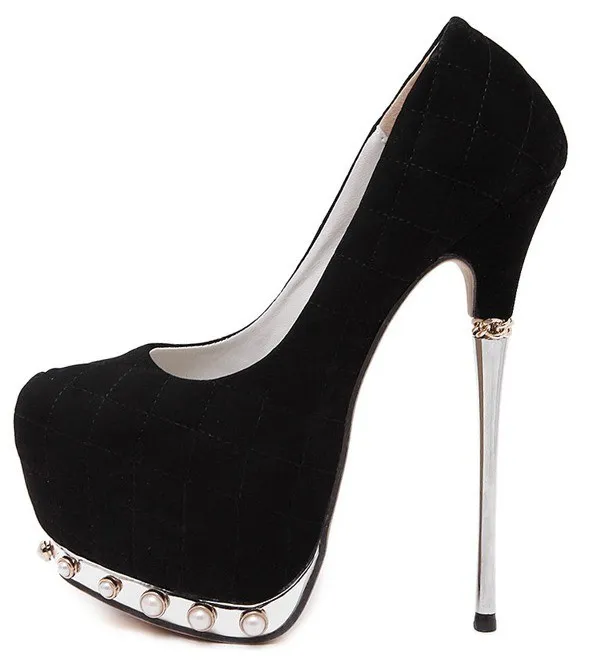 Stiletto High Heels Black Suede Pearl Platforms