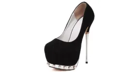 Stiletto High Heels Black Suede Pearl Platforms