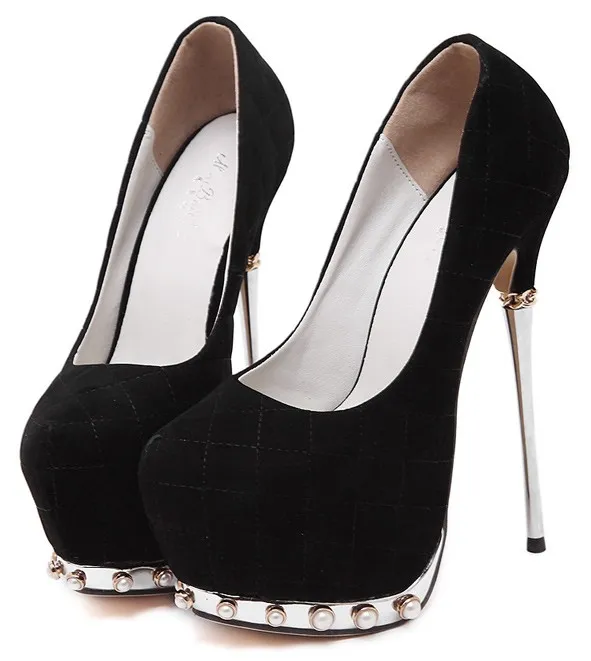 Stiletto High Heels Black Suede Pearl Platforms