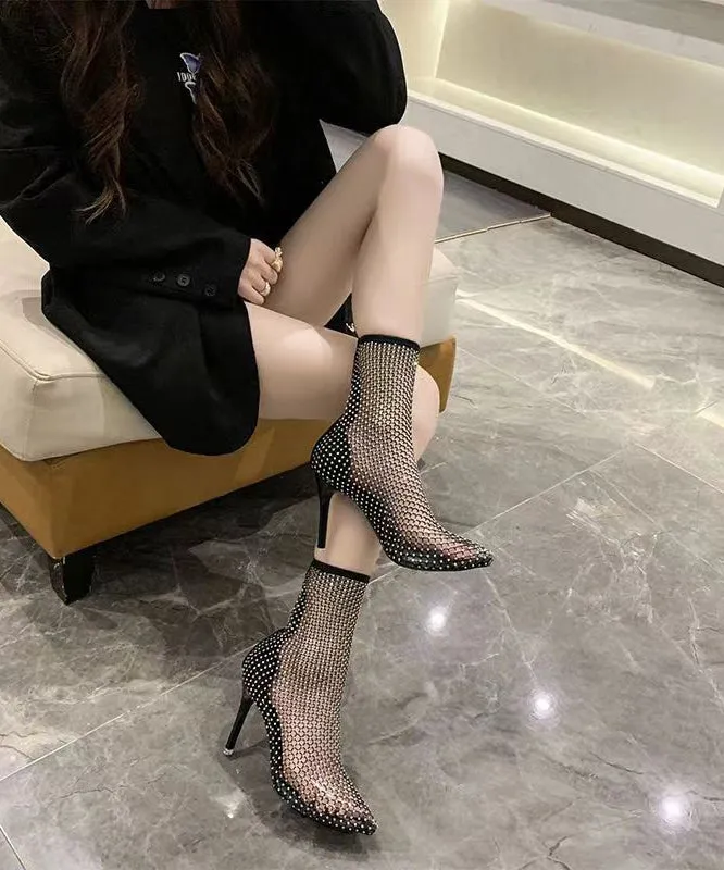 Black Zircon Stiletto Boots for Women - Hollow Out, Breathable.