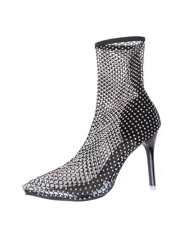 Black Zircon Stiletto Boots for Women - Hollow Out, Breathable.