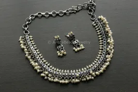 Blue CZ & Pearls Oxidized Necklace Set