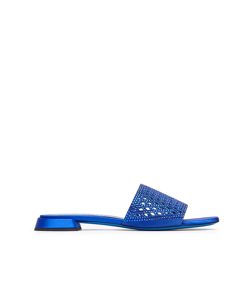 blue suede mules adorned with rhinestones