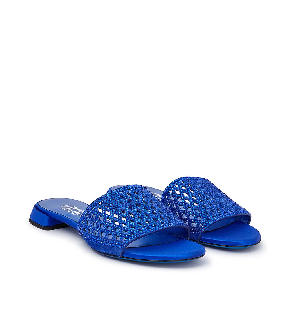 blue suede mules adorned with rhinestones