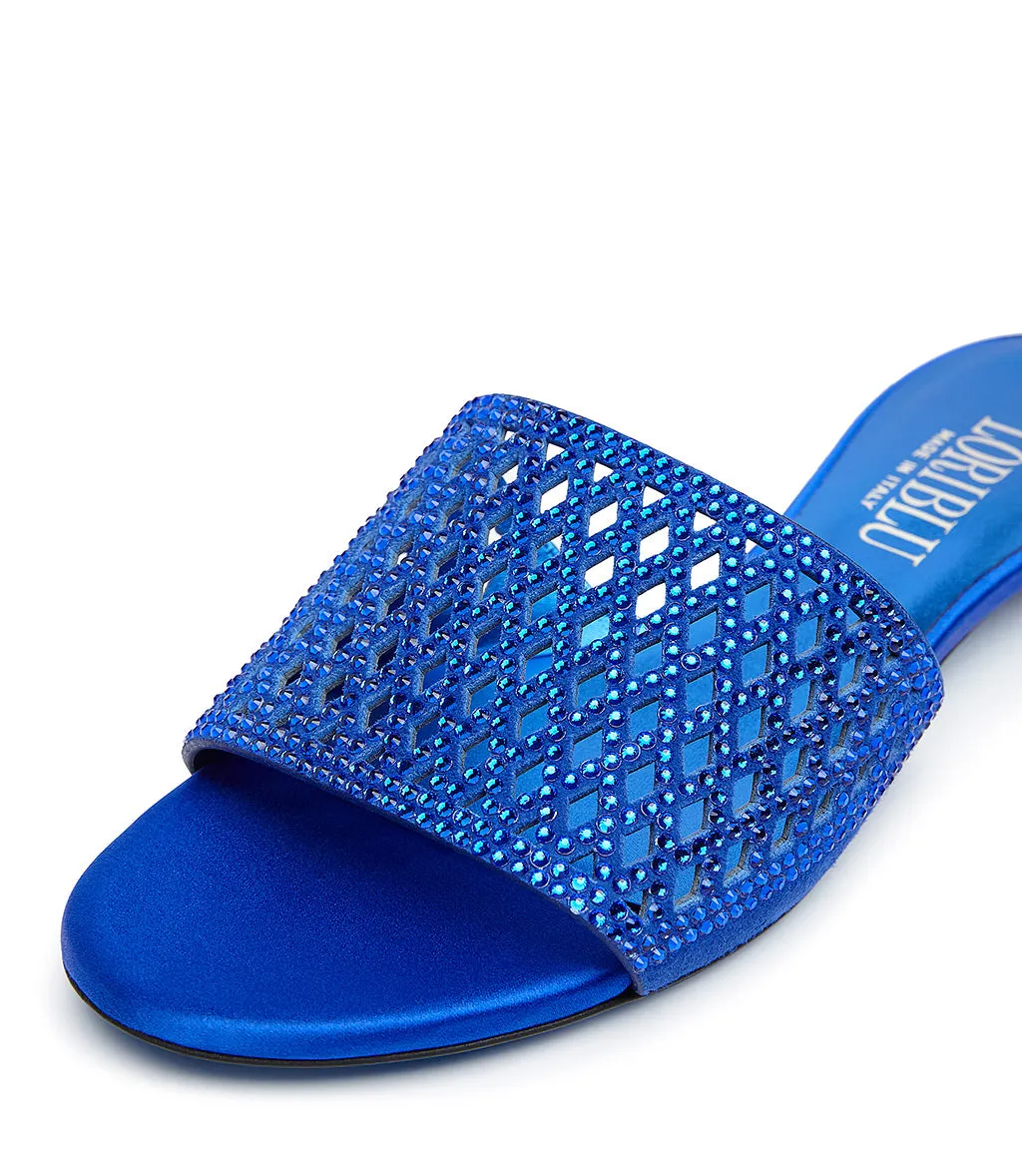 blue suede mules adorned with rhinestones