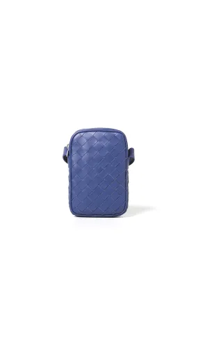 Blue Zippered Phone Pouch with Intrecciato Design